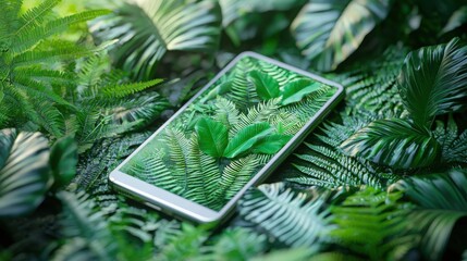 Poster - A tropical cell phone surrounded by lush green jungle foliage representing eco-friendly app interface