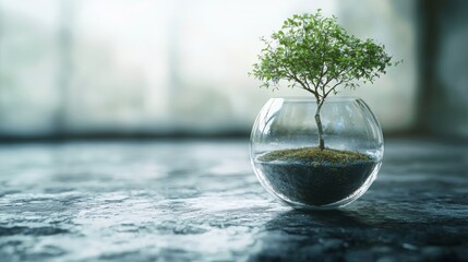Poster - A small tree thriving in a stylish glass vase representing eco business pitch with virtual model presentation