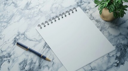 Poster - Blank paper and pen resting on a polished marble table ready for meeting notes and ideas to be jotted down
