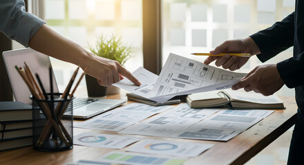 Poster - Close Up Two People Analyze Business Documents and Charts on a Wooden Table in Bright Office with Laptop