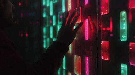 Poster - Individual engaged with a wall of colorful lights illustrating gesture control technology in a futuristic setting