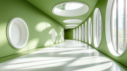 Poster - Long hallway featuring round creating a unique perspective in a green digital innovation center with modern design