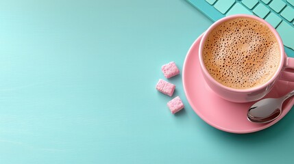 Poster - Cup of coffee and marshmallow on a table creating a cozy atmosphere for an inclusive workspace environment