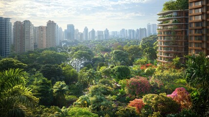Poster - Lush cityscape filled with trees showcasing the integration of iot networks and sustainability in modern urban planning