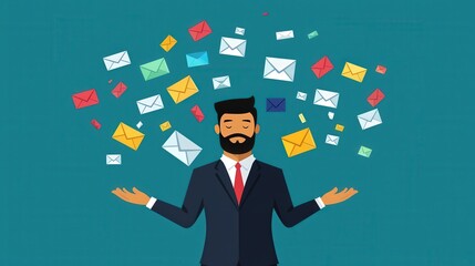 Poster - A graphic of a professional surrounded by floating email icons, symbolizing global communication