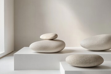 Poster - Minimalist arrangement of smooth river stones on a white surface showcasing natural beauty and tranquil aesthetic in soft lighting