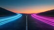 © rujlaphus - A digital image depicting a road splitting into two directions at sunset, with vibrant blue and pink light trails simulating fast-moving vehicles on each path, creating a striking visual metaphor for