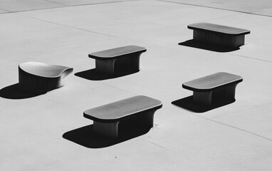 Poster - Five Small Stone Tables on Gray Textured Surface