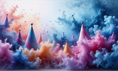 Poster - Colorful party hats stand amidst swirling clouds of pink, blue, and orange smoke, creating a festive, dreamy, and vibrant atmosphere.