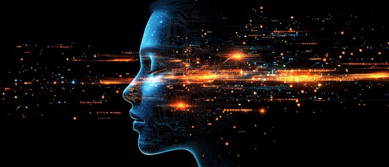 Poster - Abstract human face formed by digital circuits and glowing data connections, AI, big data, and cyber security concept, 3D futuristic render, Midjourney
