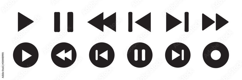 Big Media player control icon set, interface multimedia symbols. Pause ...