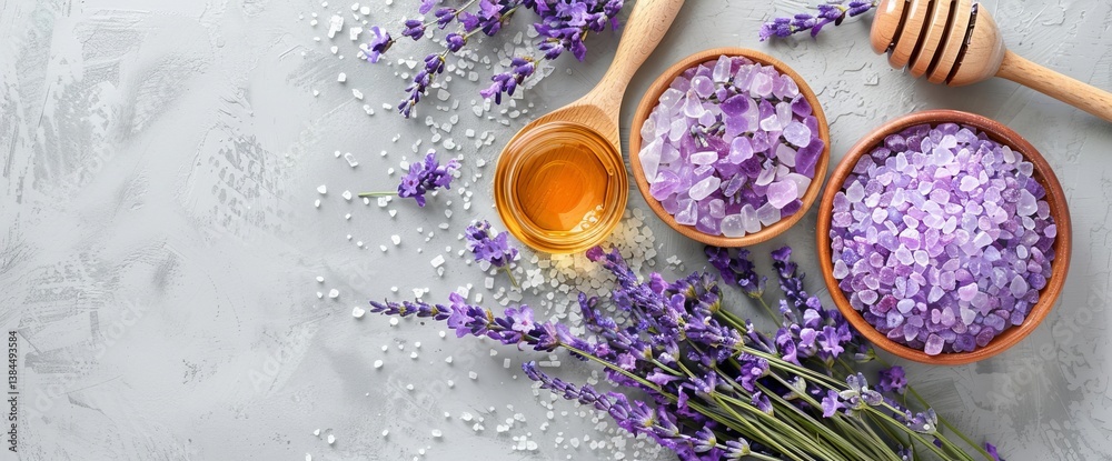 top view flat lay lavender spa set with honey nd sea salt, spa banner