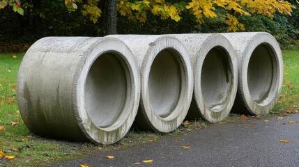 Four large concrete pipes arranged linearly on a grassy area, surrounded by autumn foliage, This image can be used for construction, landscaping articles, or environmental themes,