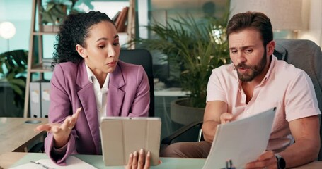 Poster - Disagreement, documents and tablet with business people in office together for financial accounting. App, conflict and discussion with employee team in workplace for administration or argument