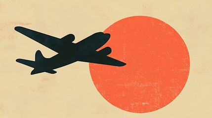 Poster - Dark Airplane Silhouette Against a Textured Orange Sun
