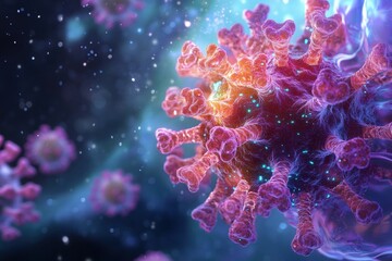 Leinwandbilder - Detailed 3D illustration of adeno-associated virus showcasing bioluminescent glow in a fluidic environment with realistic molecular structure