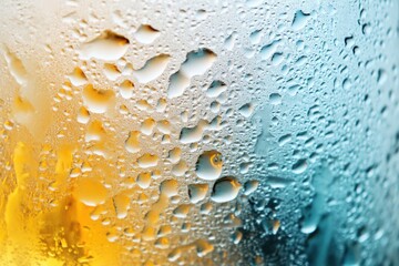 Fototapete - Condensation on a glass surface, creating an abstract pattern of water droplets in yellow and blue hues.