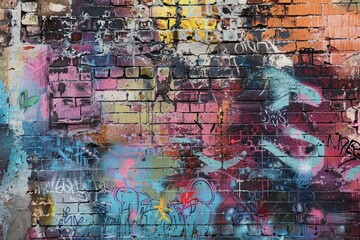 Poster - a brick wall covered in colorful graffiti art, showcasing vibrant hues and abstract designs, graffit