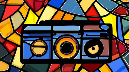 Poster - Pixel Art Boombox on Colorful Geometric Background