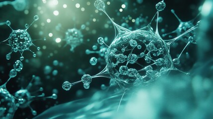 Poster - Detailed 3D illustration of an adeno-associated virus showcasing protein capsid and bioluminescent glow in a fluidic environment