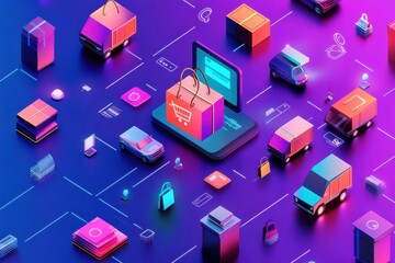 Leinwandbilder - Modern abstract design with online shopping icons and delivery symbols in vibrant colors for digital marketing and e-commerce