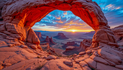 Wall Mural - A sandstone arch frames a breathtaking desert sunrise, illuminating the vast, colorful canyon landscape below.  Golden light bathes the rock formations, creating a dramatic and awe-inspiring scene.