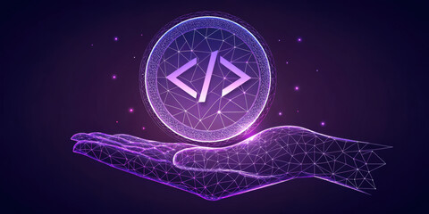 Aufkleber - digital illustration featuring futuristic concept of coding represented by geometric hand holding glowing code symbol. design evokes innovation Coding Programmer developer development