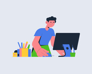 Poster - Creative profession flat vector, stylish man working at computer with desk accessories, digital artist illustration, work from home
