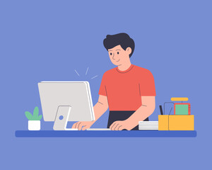 Poster - Focused man works on computer at desk. Illustration for office, remote work, or education concept in modern, minimalist flat design style.