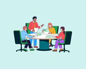 Poster - Creative Business Meeting Illustration: Team Collaboration and Data Analysis Discussion