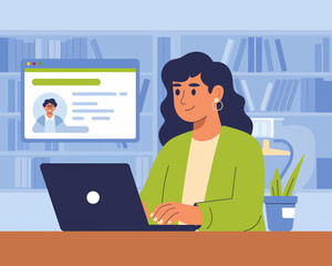 Aufkleber - Woman Using Laptop for Virtual Meeting, Online Communication, or Remote Work, Vector Illustration