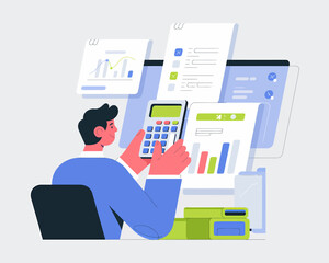 Poster - financial calculation: man analyzing business data with calculator and reports for investment strate
