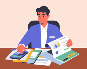 Poster - Focused accountant reviewing financial reports and using calculator at the office. Businessman analyzing data charts for business strategy planning.