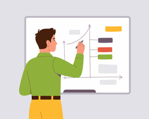 Poster - Man drawing graph on whiteboard showing business growth, demonstrating strategy and visualizing data insights for investment success