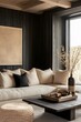 © Five Million Stock - Farmhouse, country style home interior design of modern living room. Beige and black-toned rustic room with woven textures, natural wood elements, and black accent paneling wall.