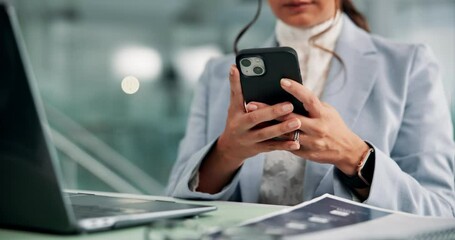 Poster - Hands, business and woman in office, smartphone and social media with connection, ad agency and texting. Closeup, person and sales consultant in workplace, cellphone or email with feedback or message