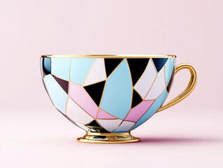 Leinwandbilder - Pastel Geometric Teacup with Gold Accents on Pink Background