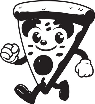 A cartoon pizza slice, stylized in a retro, vintage-inspired graphic design. 