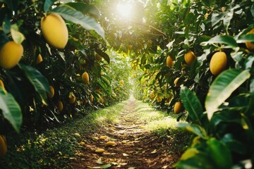 Aufkleber - Lush tropical mango plantation filled with ripe golden mangoes under soft natural light