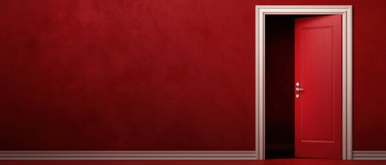 Aufkleber - A red room features an open door, framed elegantly, inviting curiosity and exploration beyond its striking hue.