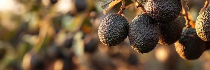 Poster - Ripened avocados hanging on a tree branch in an orchard featuring rich green texture and blurred background