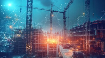 Aufkleber - Night construction site with cranes and digital network overlay.