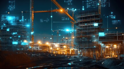 Leinwandbilder - Night view of construction site with digital overlay showing progress and planning.