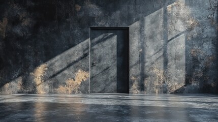 Poster - Sunlit industrial interior with closed door and grunge wall.