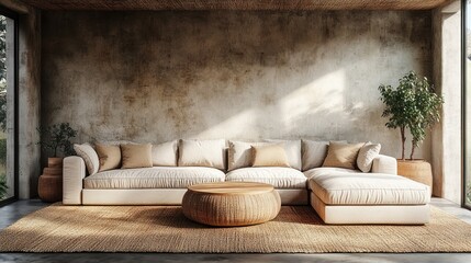 Aufkleber - Sunlit living room with beige sectional sofa, wooden coffee table, jute rug, and potted plant against a textured wall.