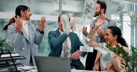 Poster - Money rain, business people and excited celebration with team, high five and finance investment. Laptop, employees and financial advisor with cash for capital success, profit or applause in boardroom