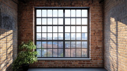 Poster - Sunlit loft interior with large window showing city view.