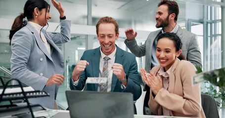 Poster - Office, business people and laptop with high five for success, money investment and finance. Team, employees and financial advisor with cash for capital profit, celebration and applause in boardroom