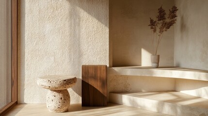 Poster - Sunlit minimalist interior corner with stone stool, wooden block, and dried flowers in a vase on a built-in shelf.