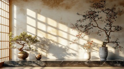 Poster - Sunlit minimalist interior with bonsai trees, plants, and textured wall.